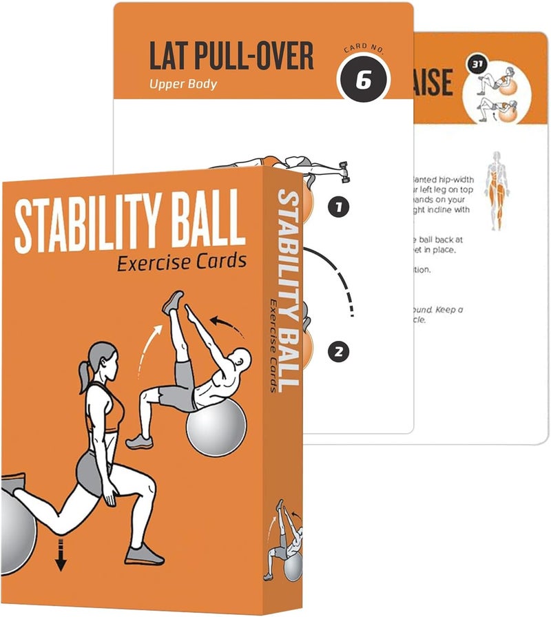 ELAORY Stability Ball Workout Cards, 62 Exercises Cards Deck Large Size 5" x 3.5" Fitness Cards for Women & Men, Beginner Fitness Guide to Training Exercises at Home or Gym - Image 1